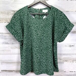 Melloday Womens Green & White Polka Dot Relaxed Oversized Short Slv Shirt Size L